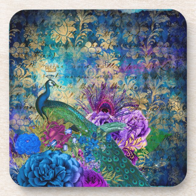 Crowned Peacock on Blue Purple Floral Coaster (Front)