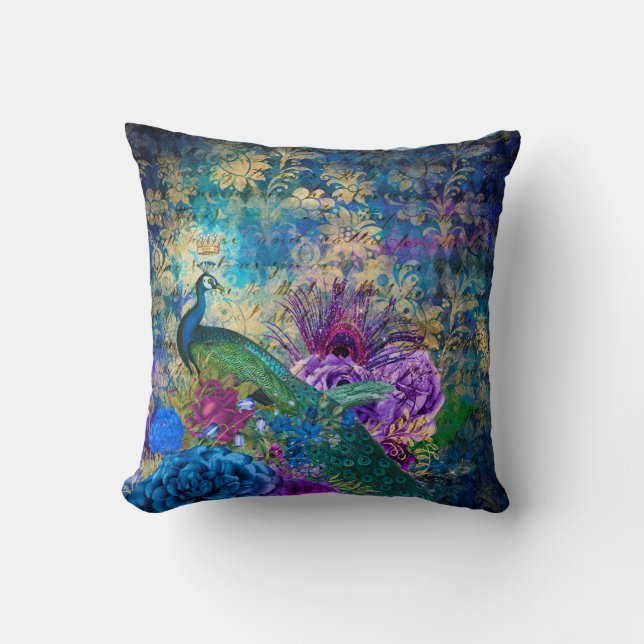Crowned Peacock on Blue Purple Floral Cushion (Front)