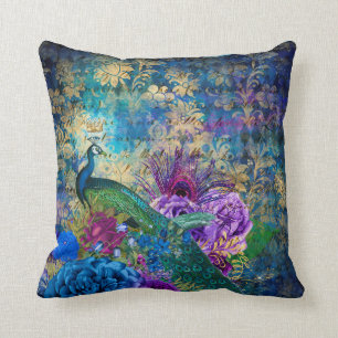 Crowned Peacock on Blue Purple Floral Cushion