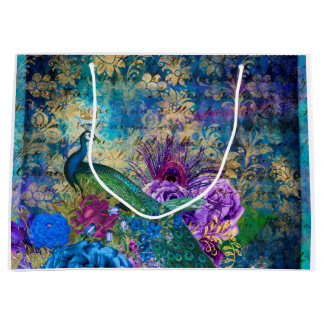 Crowned Peacock on Blue Purple Floral Large Gift Bag