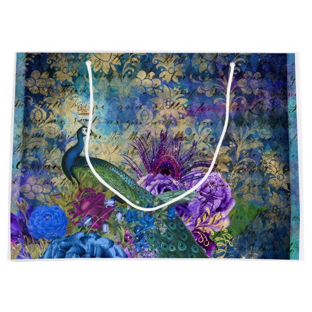 Crowned Peacock on Blue Purple Floral Large Gift Bag (Front)