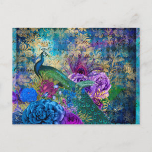 Crowned Peacock on Blue Purple Floral Postcard