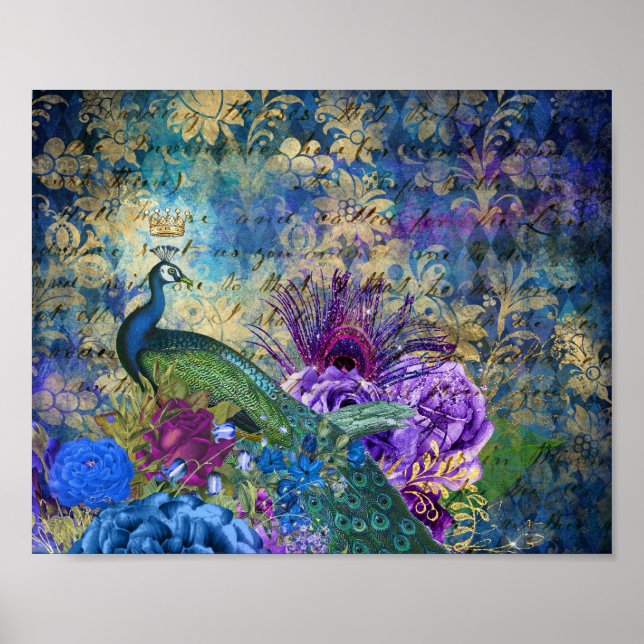 Crowned Peacock on Blue Purple Floral Poster (Front)