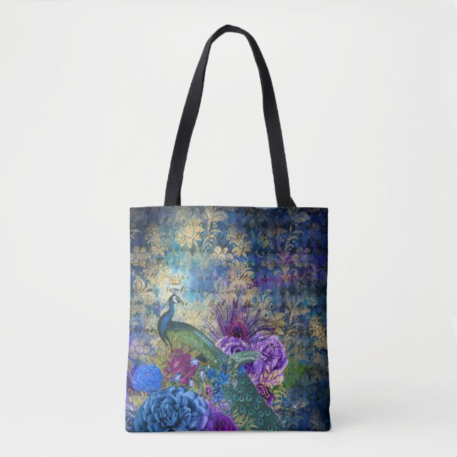 Crowned Peacock on Blue Purple Floral Tote Bag (Front)