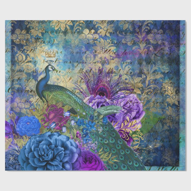 Crowned Peacock on Blue Purple Floral Wrapping Paper (Flat)