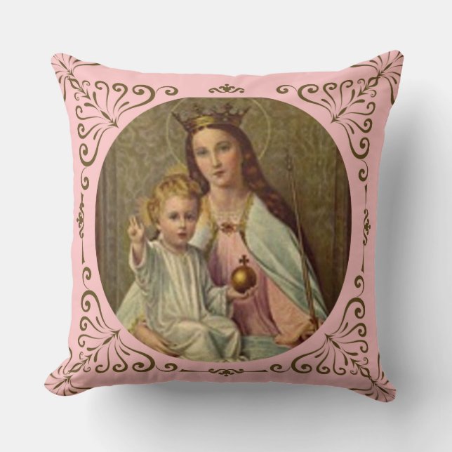 Crowned Queen of Heaven Infant Jesus holding Globe Cushion (Front)