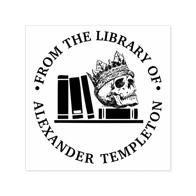 Crowned Skull Books on Shelf Library Name Monogram Self-inking Stamp (Design)
