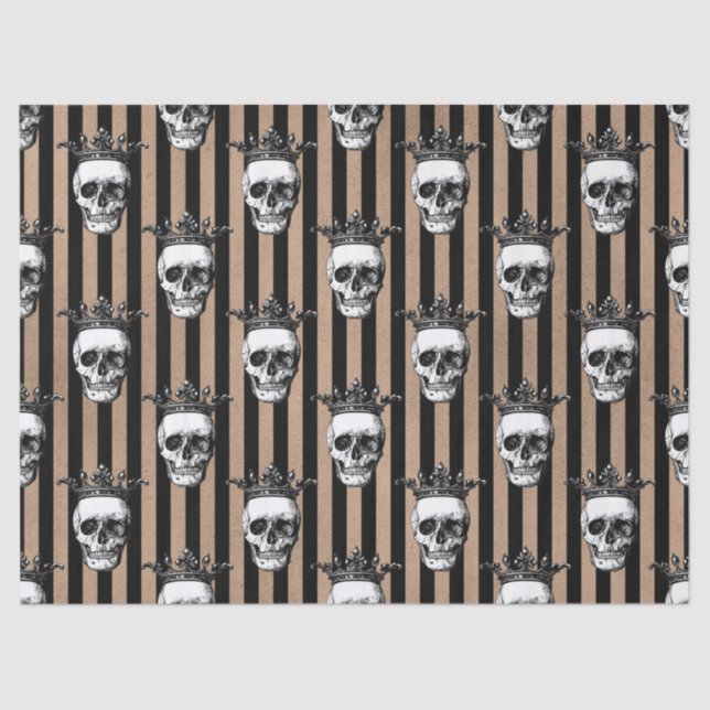 Crowned Skulls on Black and Tan Striped Decoupage Tissue Paper (Front)