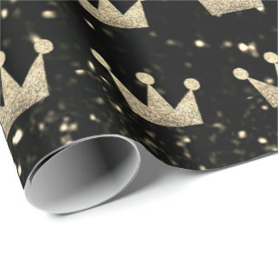 Crowns Glitter Black Sparkly Gold Champaigne Faux Wrapping Paper