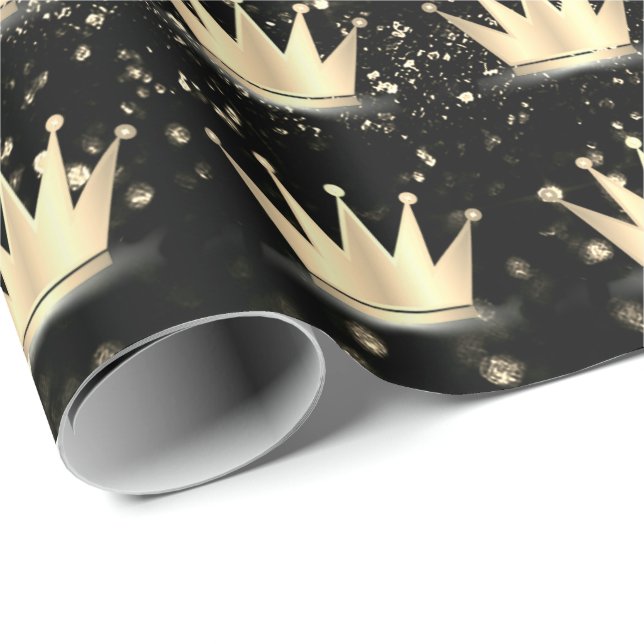 Crowns Glitter Black Sparkly Gold Champaigne Lux Wrapping Paper (Roll Corner)