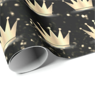Crowns Glitter Black Sparkly Gold Champaigne Wrapping Paper