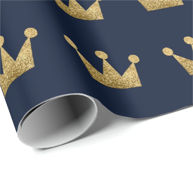 Crowns Glitter Gold Graduation Lux Blue Navy Wrapping Paper (Roll Corner)
