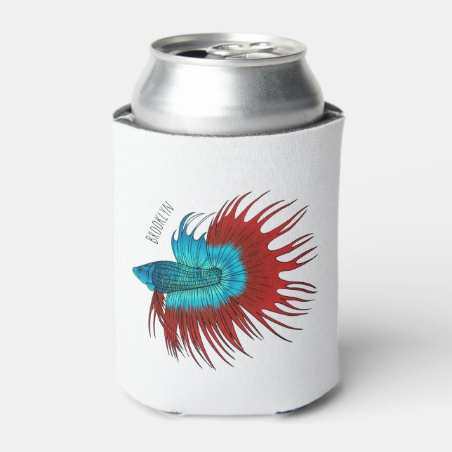 Crowntail betta fish cartoon illustration can cooler (Can Front)