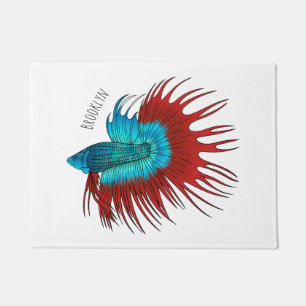 Crowntail betta fish cartoon illustration doormat