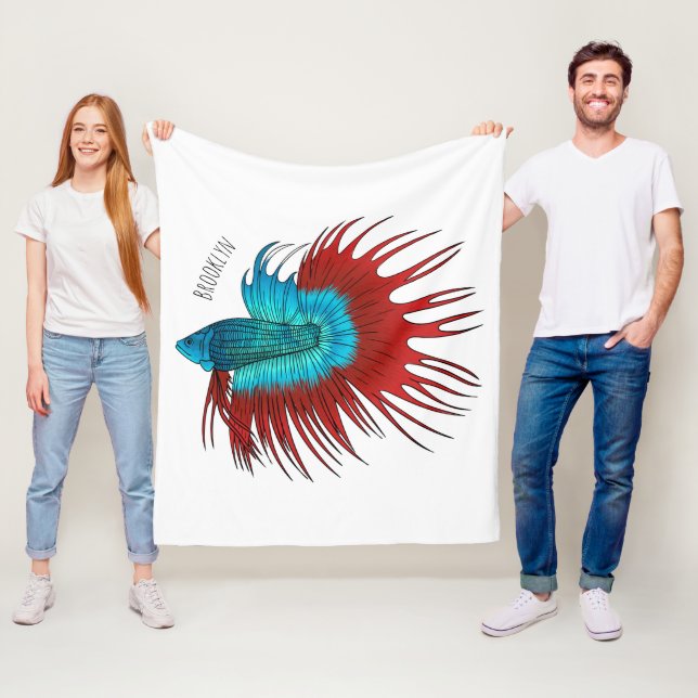 Crowntail betta fish cartoon illustration fleece blanket (In Situ)