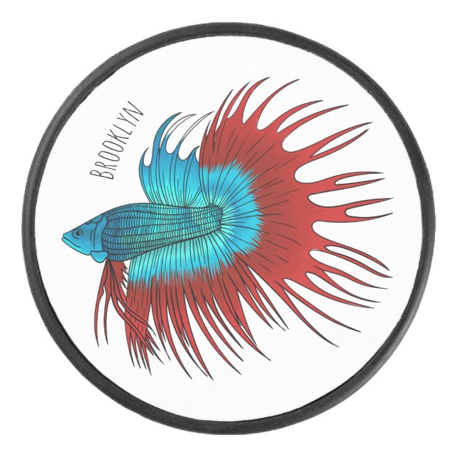 Crowntail betta fish cartoon illustration hockey puck (Front)