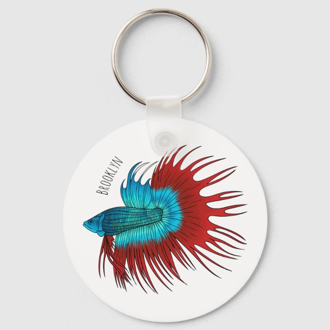 Crowntail betta fish cartoon illustration key ring (Front)