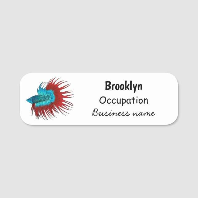 Crowntail betta fish cartoon illustration name tag (Front)