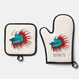 Crowntail betta fish cartoon illustration oven mitt & pot holder set