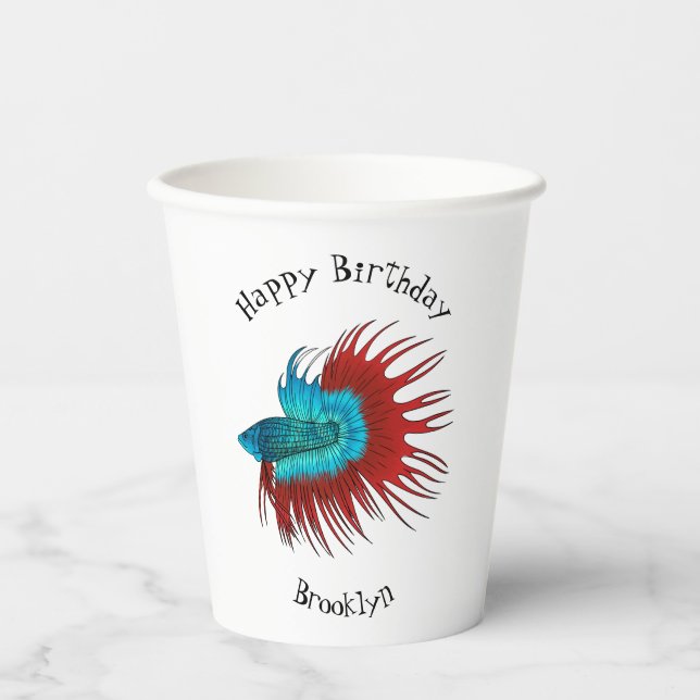 Crowntail betta fish cartoon illustration paper cups (Front)