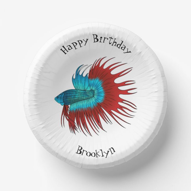 Crowntail betta fish cartoon illustration paper plate (Front)
