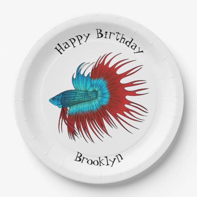 Crowntail betta fish cartoon illustration paper plate (Front)