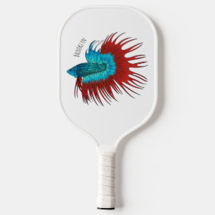 Crowntail betta fish cartoon illustration pickleball paddle