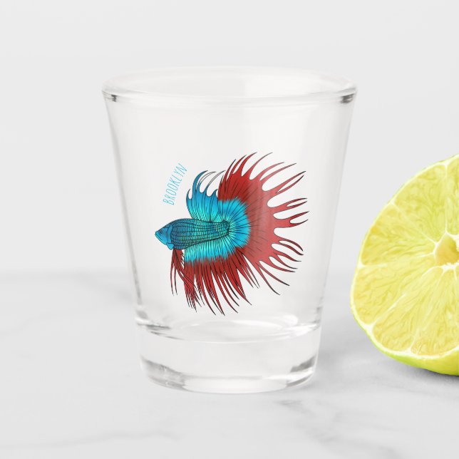 Crowntail betta fish cartoon illustration shot glass (Front)