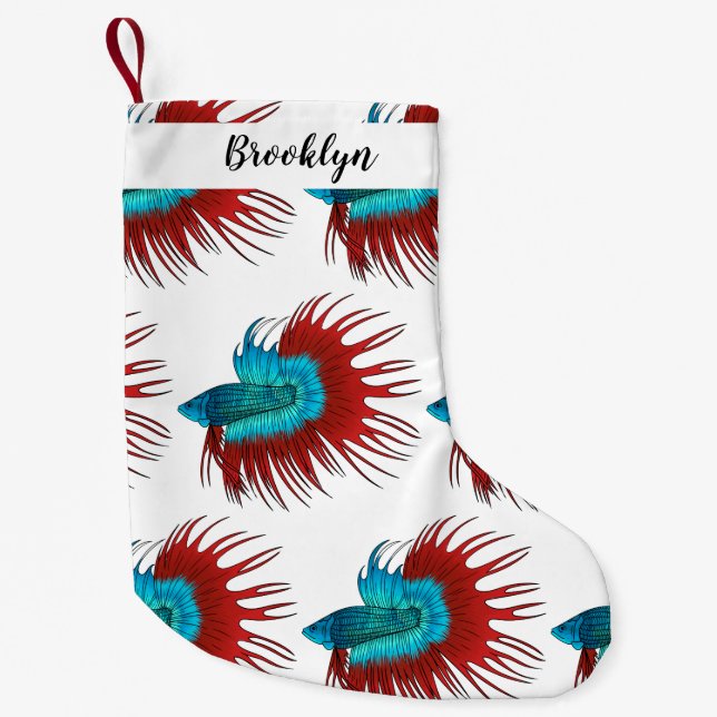 Crowntail betta fish cartoon illustration small christmas stocking (Front)