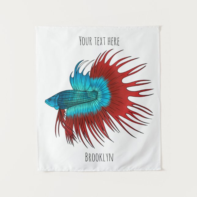 Crowntail betta fish cartoon illustration tapestry (Front)