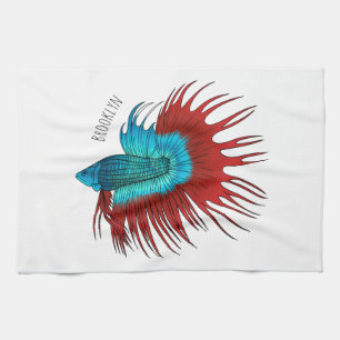 Crowntail betta fish cartoon illustration tea towel