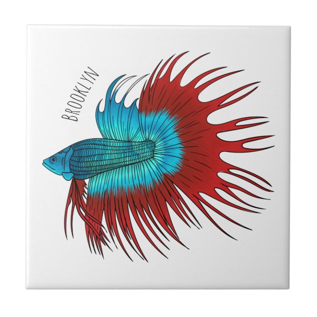 Crowntail betta fish cartoon illustration tile (Front)
