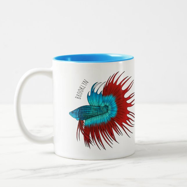 Crowntail betta fish cartoon illustration Two-Tone coffee mug (Left)