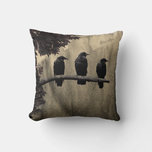 Crows Aged Art Ravens Cushion (Front)