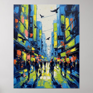 Crows and Pedestrians Abstract Cityscape Poster