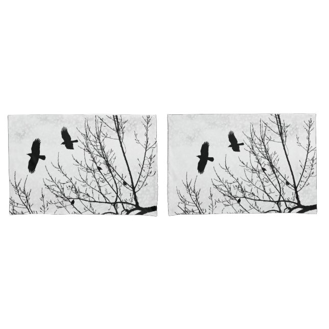 Crows Flying Birds in Trees Black White Gothic Pillowcase (Front-Set)