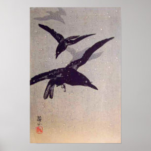 Crows Flying in Snow Poster