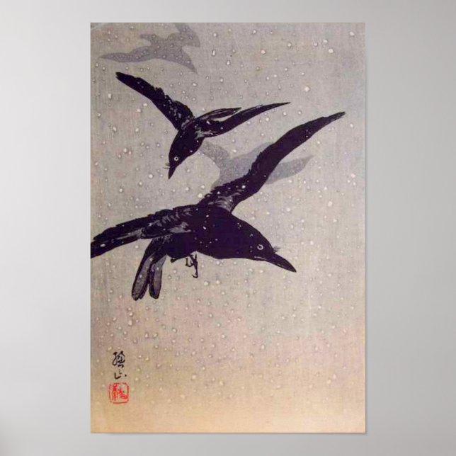 Crows Flying in Snow Poster (Front)