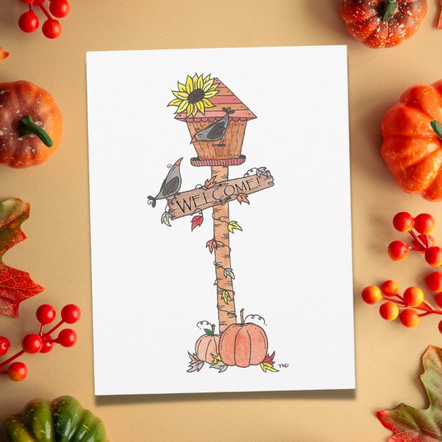 Crows in Autumn Birdhouse Sunflower and Pumpkins Postcard (Creator Uploaded)