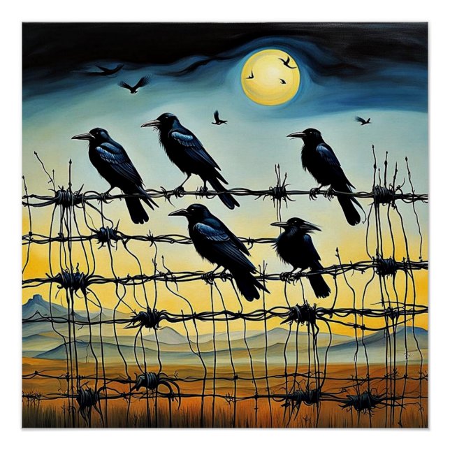 Crows on barbed fence 1 poster (Front)