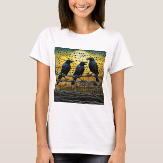 Crows on barbed fence 5 T-Shirt