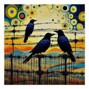 Crows on wire fence 1 poster