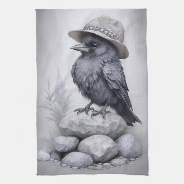 Crows Rock! Crow raven with hat on stones Tea Towel (Vertical)