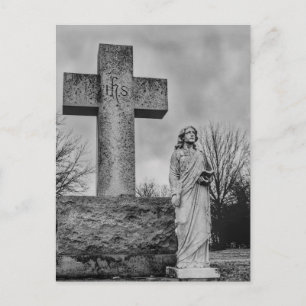 Crucifix and angel in black and white  postcard