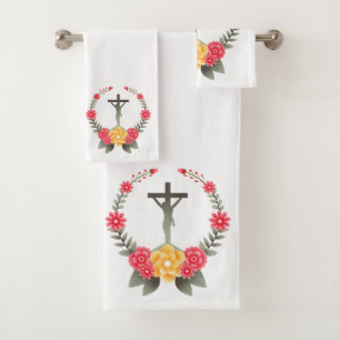 Crucifix and Flowers Bath Towel Set