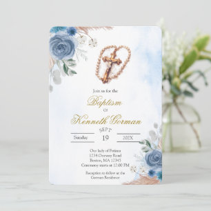 Crucifix blue boho floral baptism Invitation
