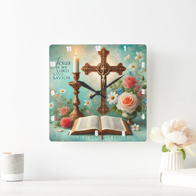 Crucifix Candlelight Bible Floral Jesus Square Wall Clock (Home)