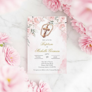 Crucifix pink floral baptism Invitation