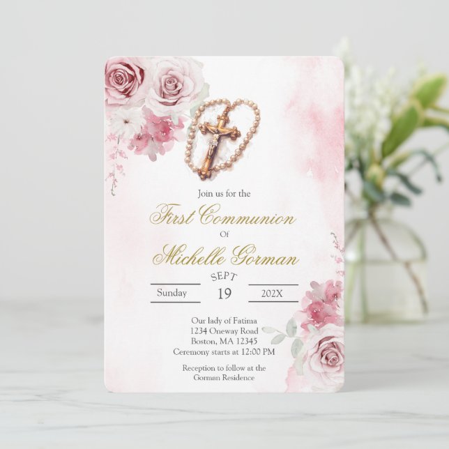 Crucifix pink floral first communion Invitation (Standing Front)