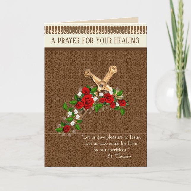 Crucifix Red Roses St. Therese Healing Prayer Card (Front)